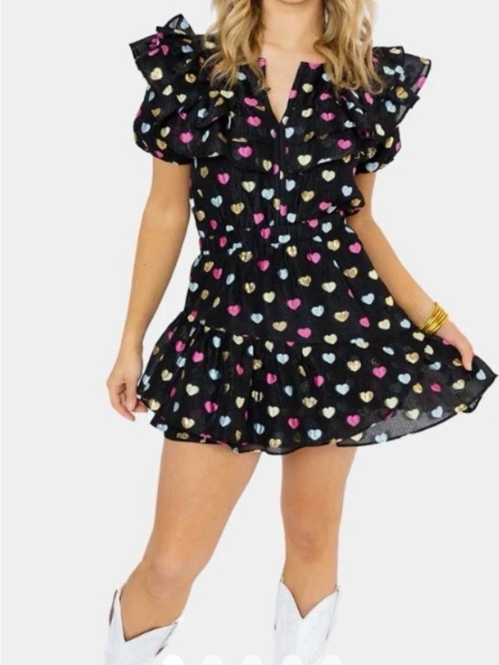 Buddy Love Black Mini Dress with Multicolor Heart Print and Ruffle Detail